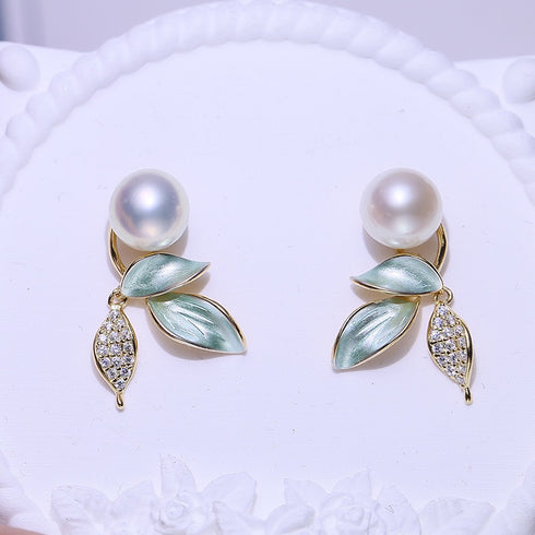 8-9mm Green Leaf Pearl Earrings - House Of Pearls